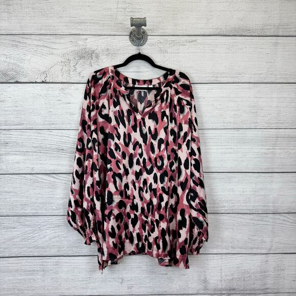 Belle by Kim Gravel Tops - Belle Kim Gravel Plus Size Black & Pink Leopard Print Long Sleeve Blouse Size 4X